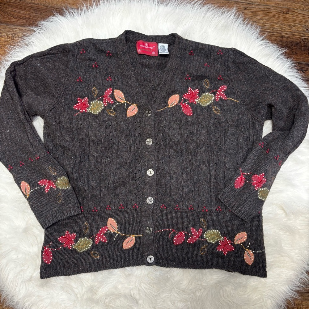 Holiday Lodge Brown Leaf Embroidered Fall Button Up Wool Blend Cardigan - XL